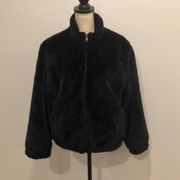 Cynthia Rowley black faux fur bomber jacket L super soft and mint condition - Picture 1 of 13